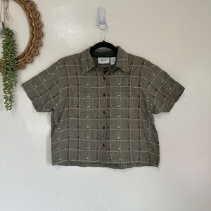 Vintage Christopher & Banks Gingham Check & Floral Cropped Short Sleeve Top, Lg